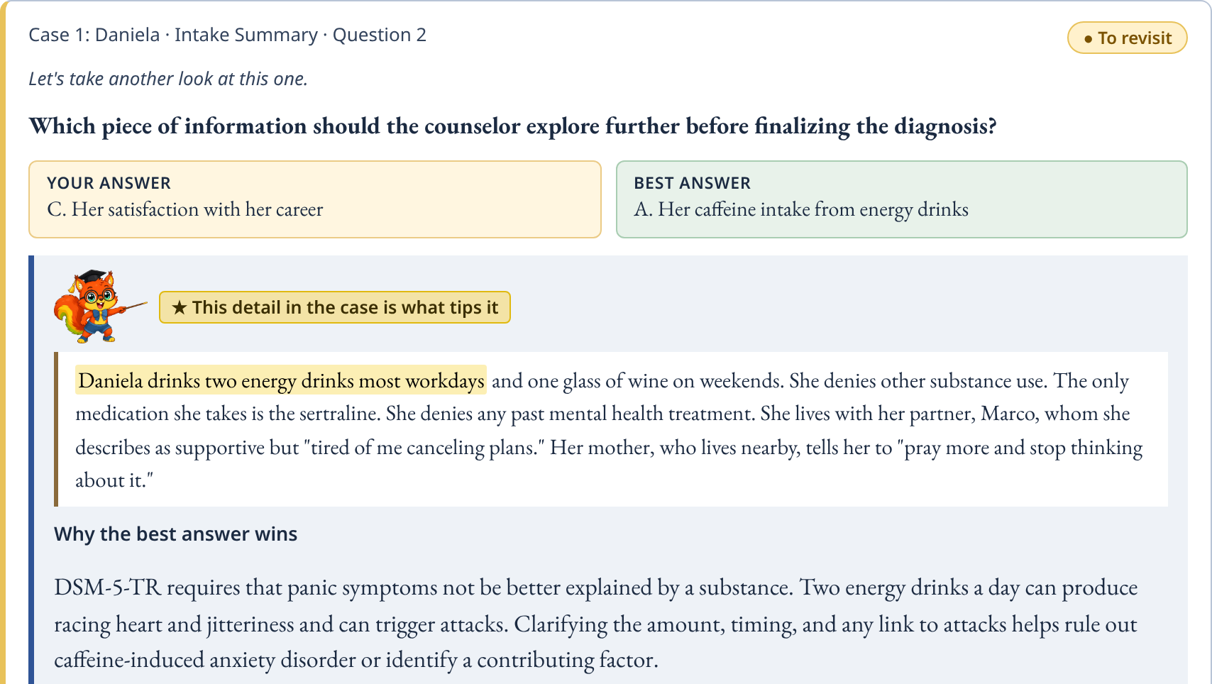 Scout review preview: Scout explains a practice question, showing your answer, the best answer, and the case detail that tips it
