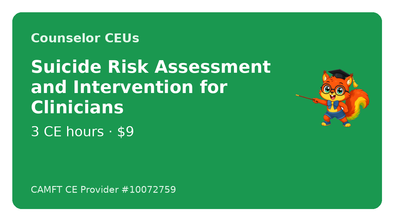 Course cover for Suicide Risk Assessment and Intervention for Clinicians, 3 CE hours, from California Counselor CEUs (John Oliver Ycaro, LPCC)